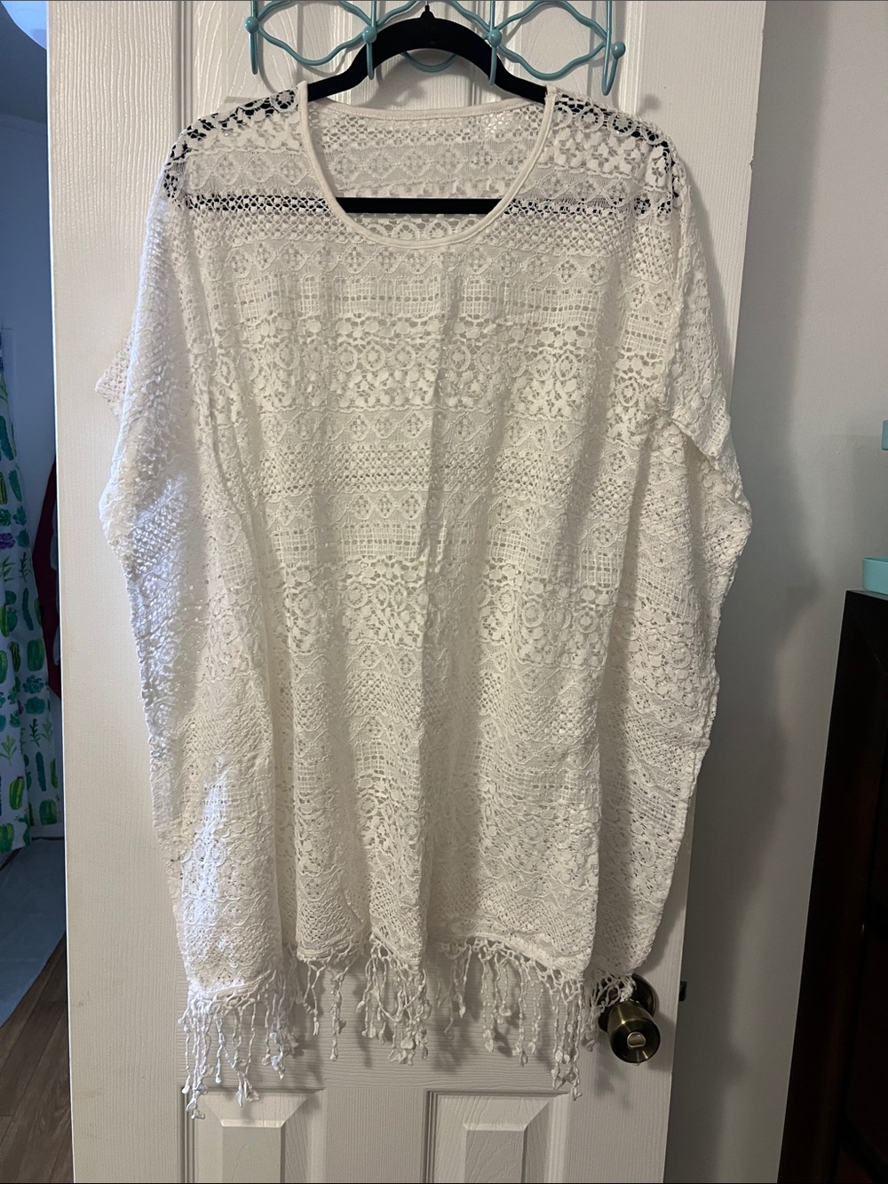 White Crochet Fringe Pancho Beach Cover-Up